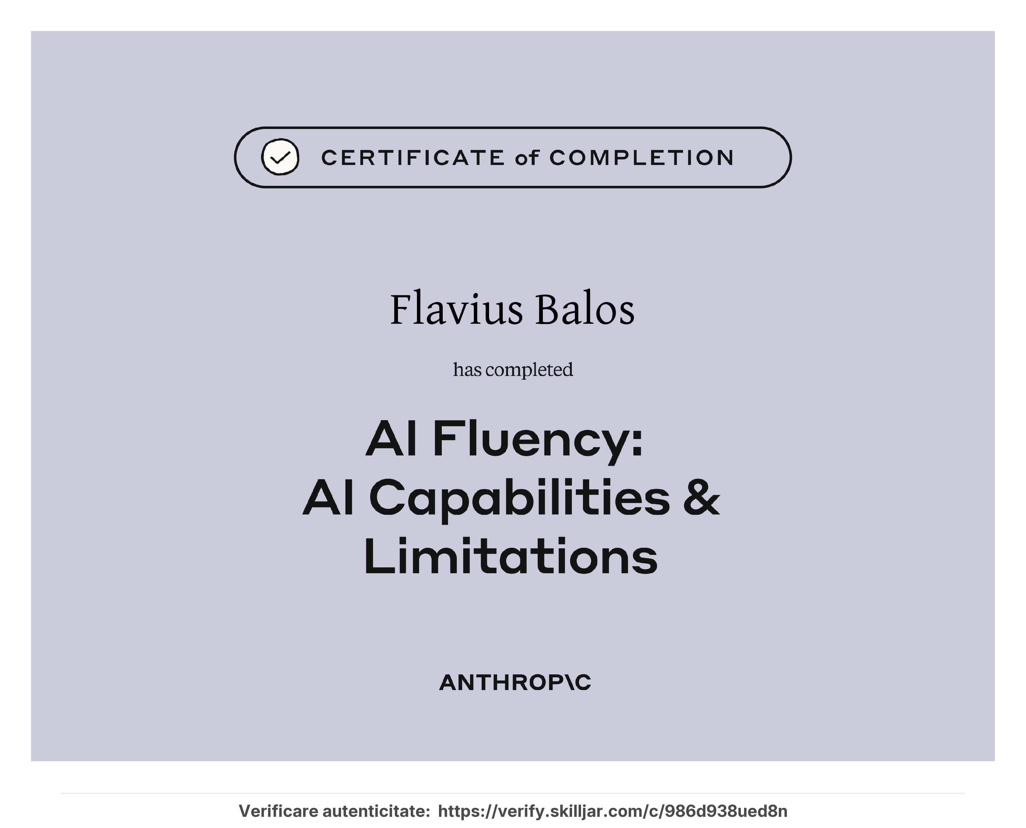 Certificat AI Capabilities and Limitations emis de Anthropic - Flavius Balos, NextBuilders AI