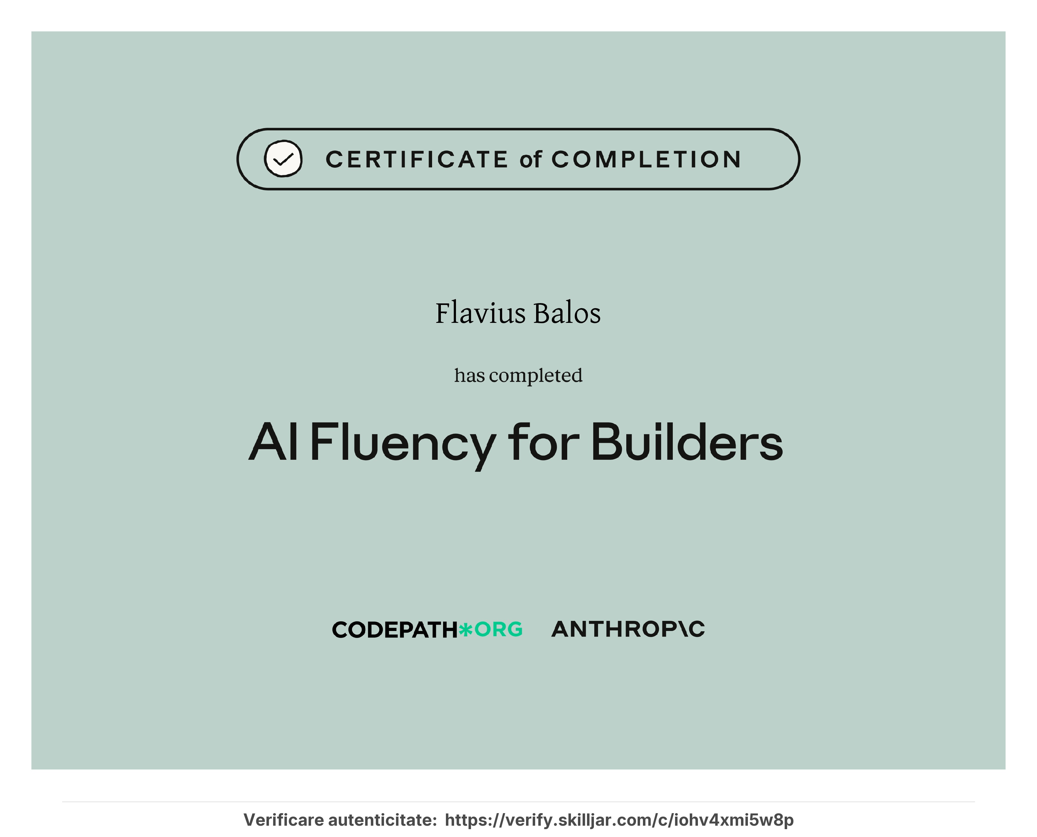 Certificat AI Fluency for Builders emis de Anthropic - Flavius Balos, NextBuilders AI
