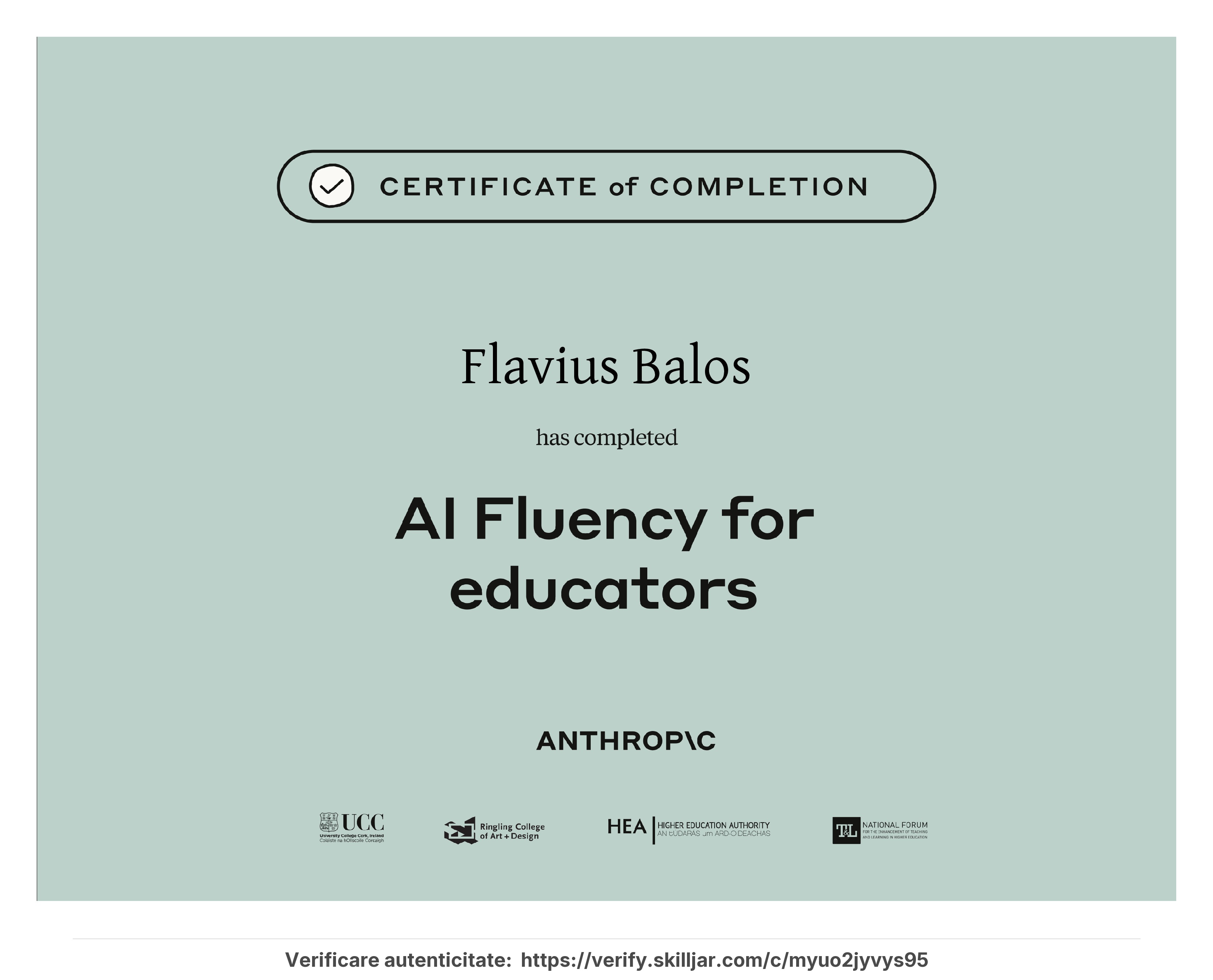Certificat AI Fluency for Educators emis de Anthropic - Flavius Balos, NextBuilders AI