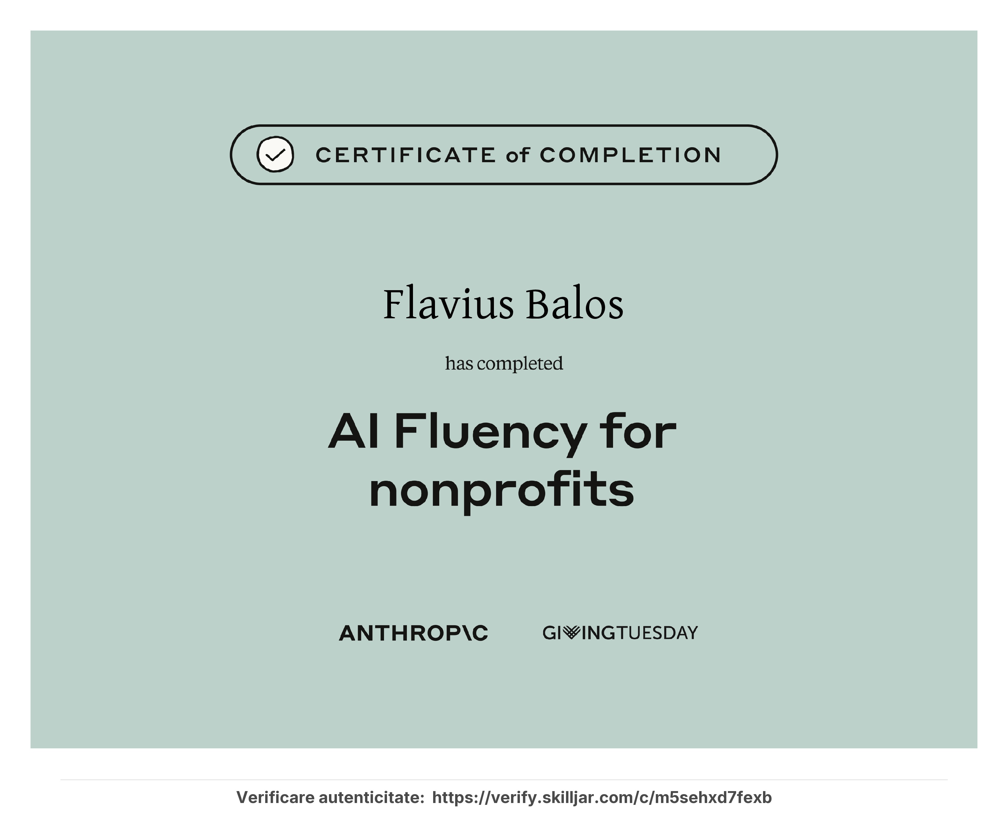 Certificat AI Fluency for Nonprofits emis de Anthropic - Flavius Balos, NextBuilders AI