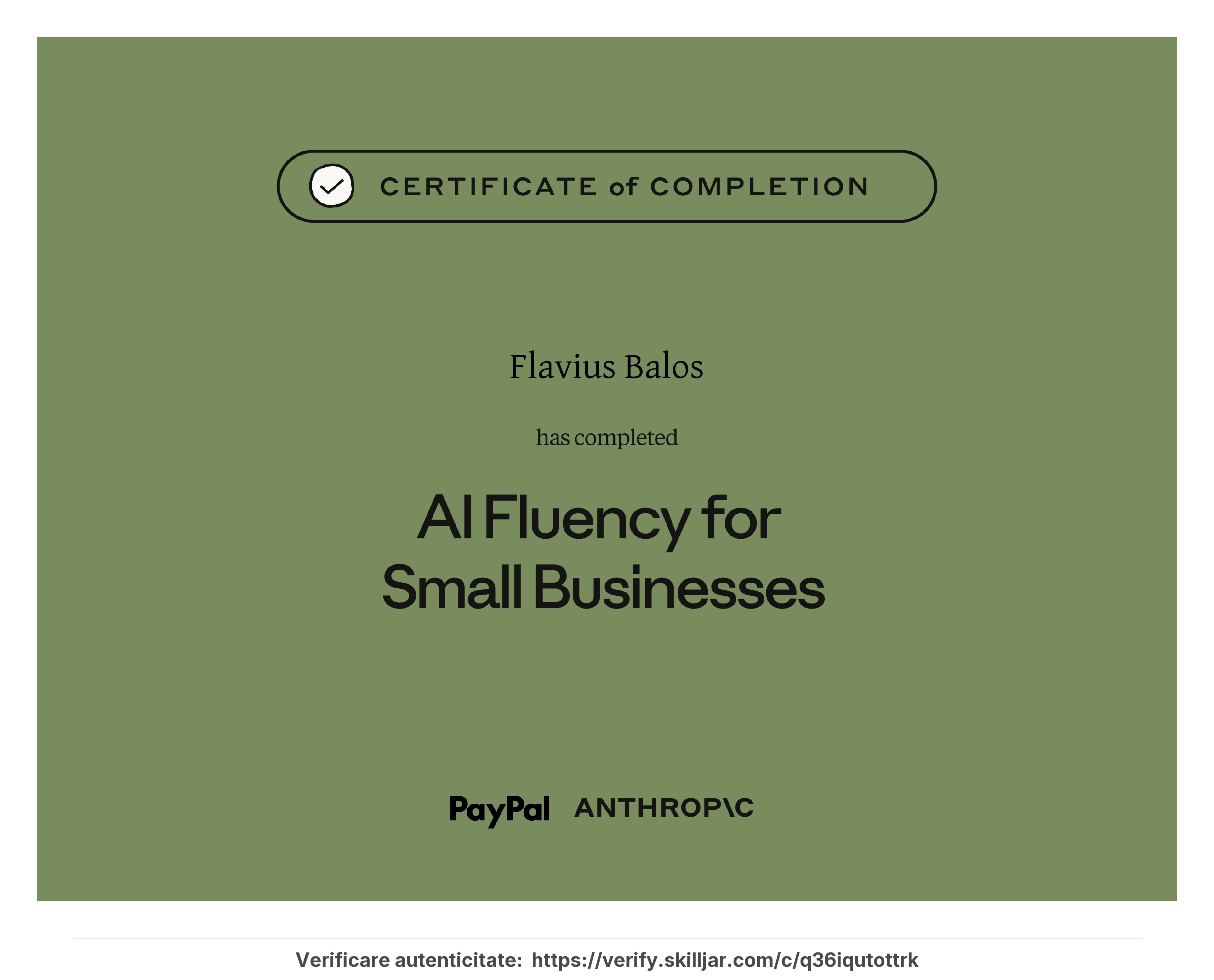 Certificat AI Fluency for Small Businesses emis de Anthropic - Flavius Balos, NextBuilders AI