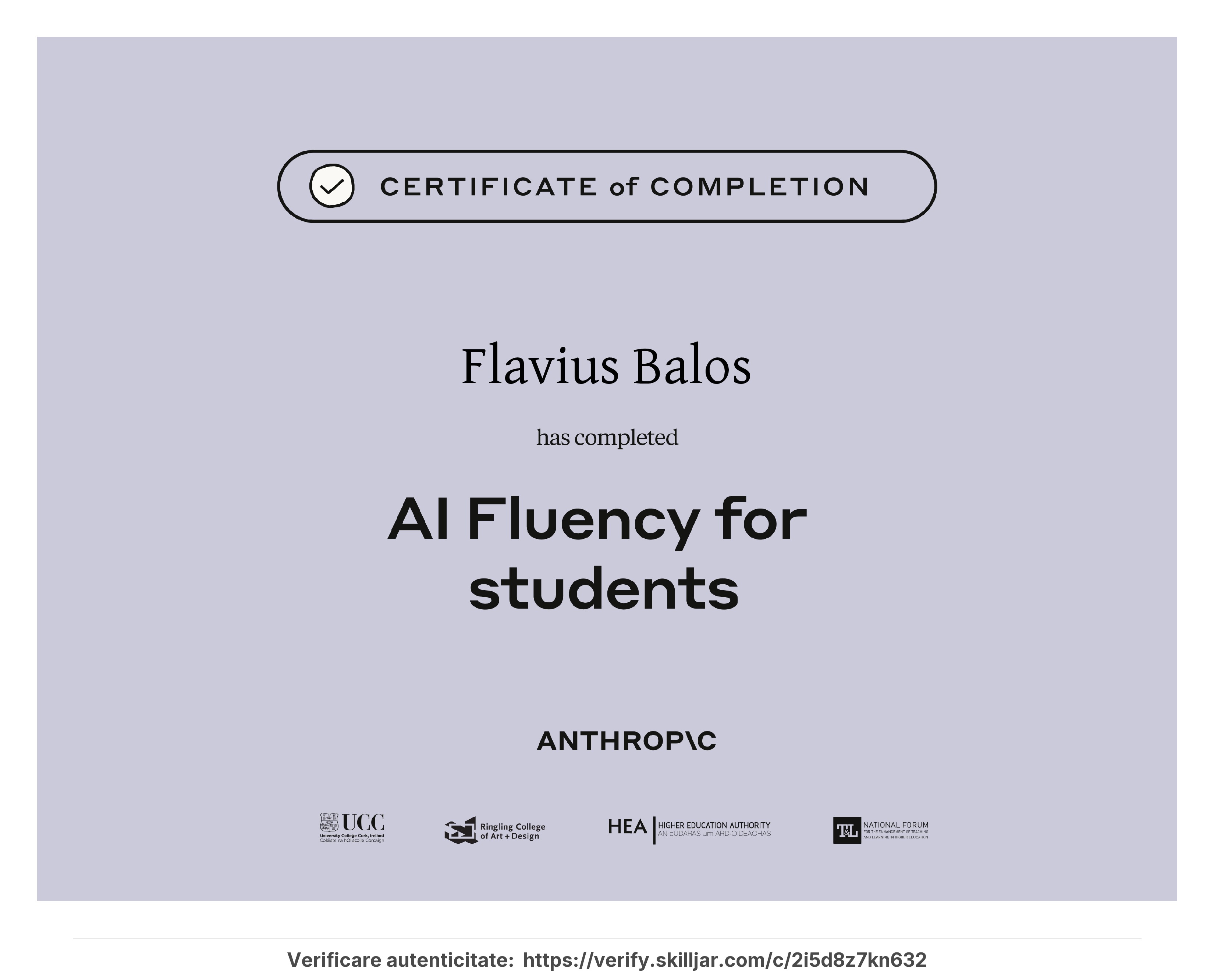 Certificat AI Fluency for Students emis de Anthropic - Flavius Balos, NextBuilders AI