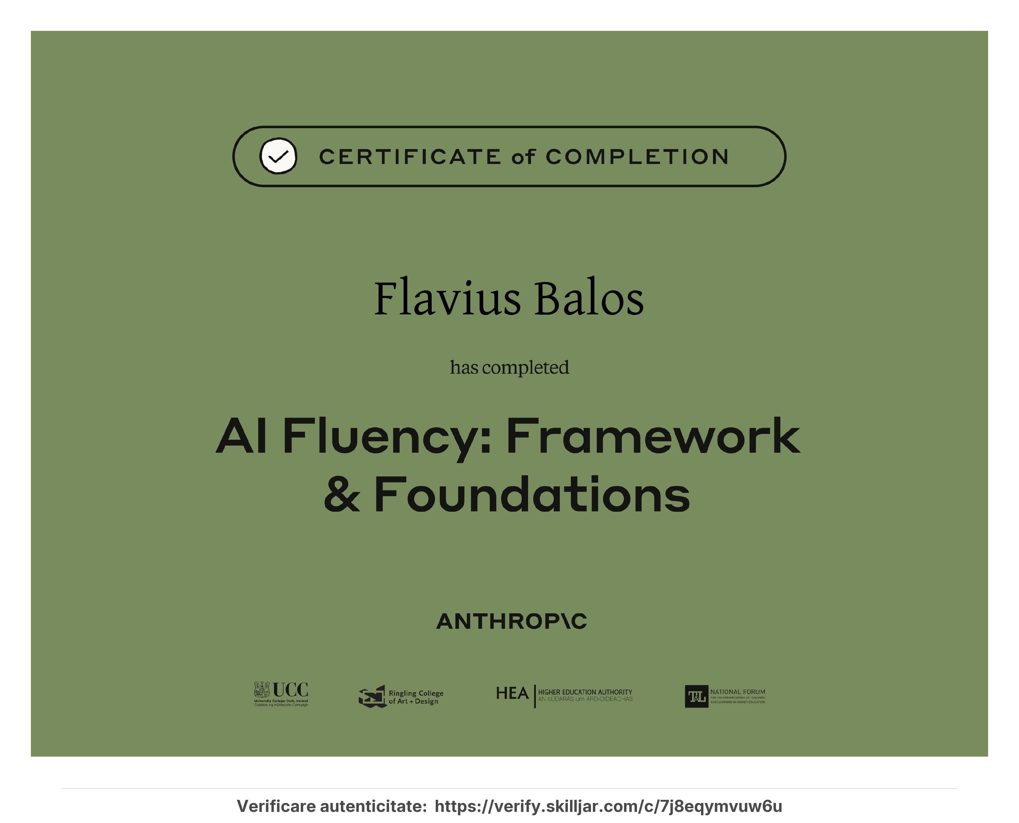 Certificat AI Fluency: Framework & Foundations emis de Anthropic - Flavius Balos, NextBuilders AI