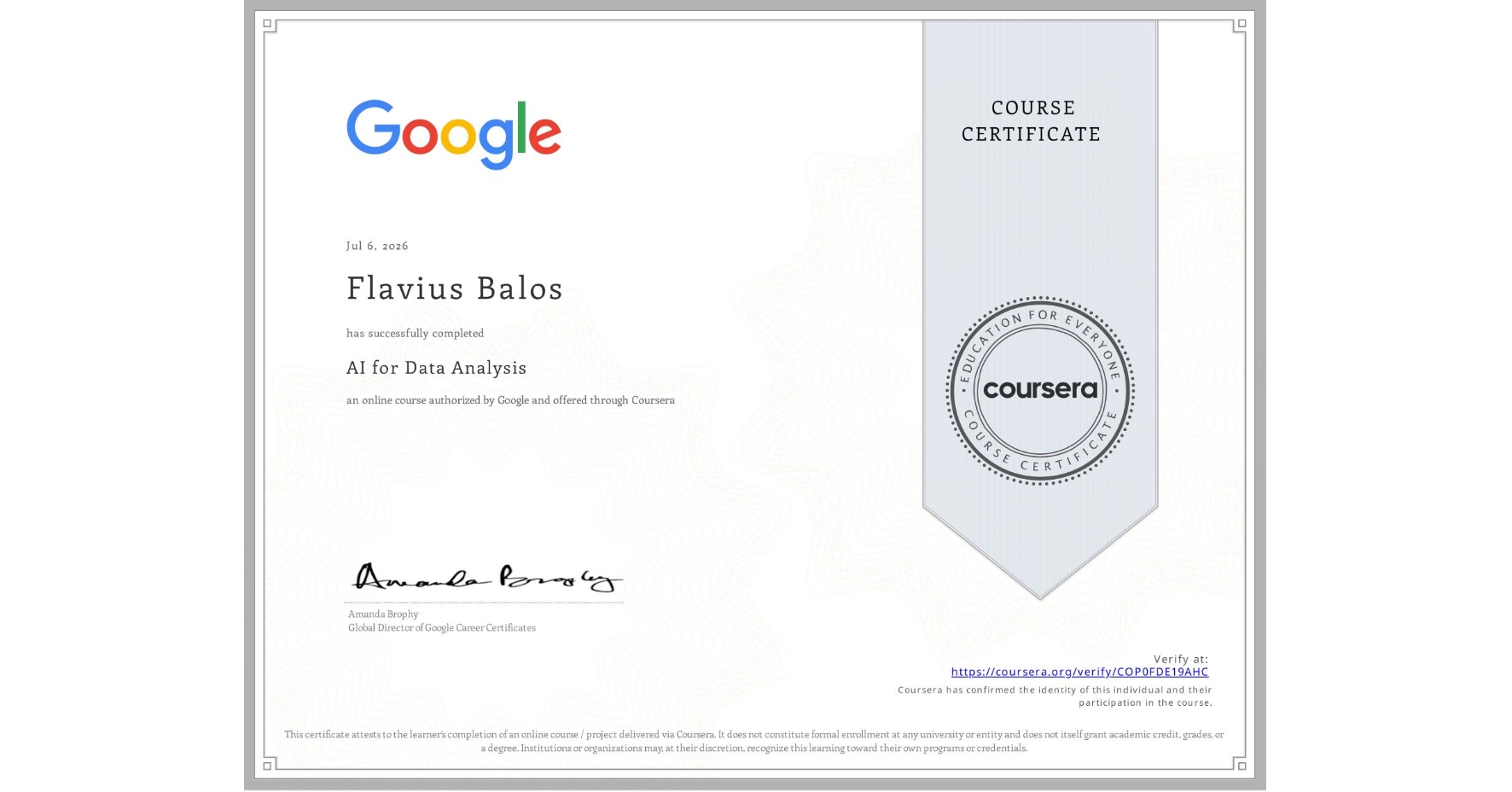 Certificat AI for Data Analysis emis de Google - Flavius Balos, NextBuilders AI