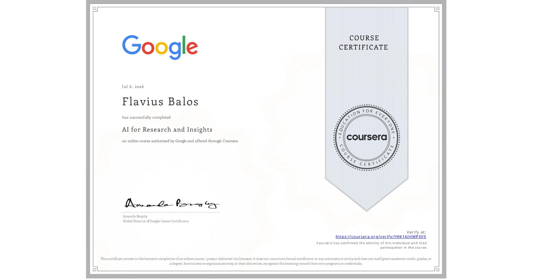 Certificat AI for Research and Insights emis de Google - Flavius Balos, NextBuilders AI