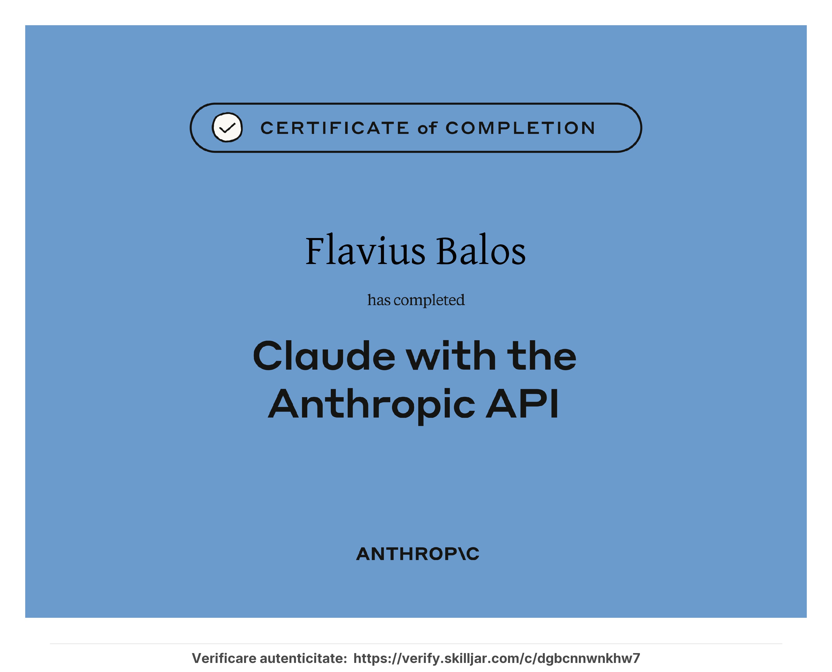 Certificat Building with the Claude API emis de Anthropic - Flavius Balos, NextBuilders AI