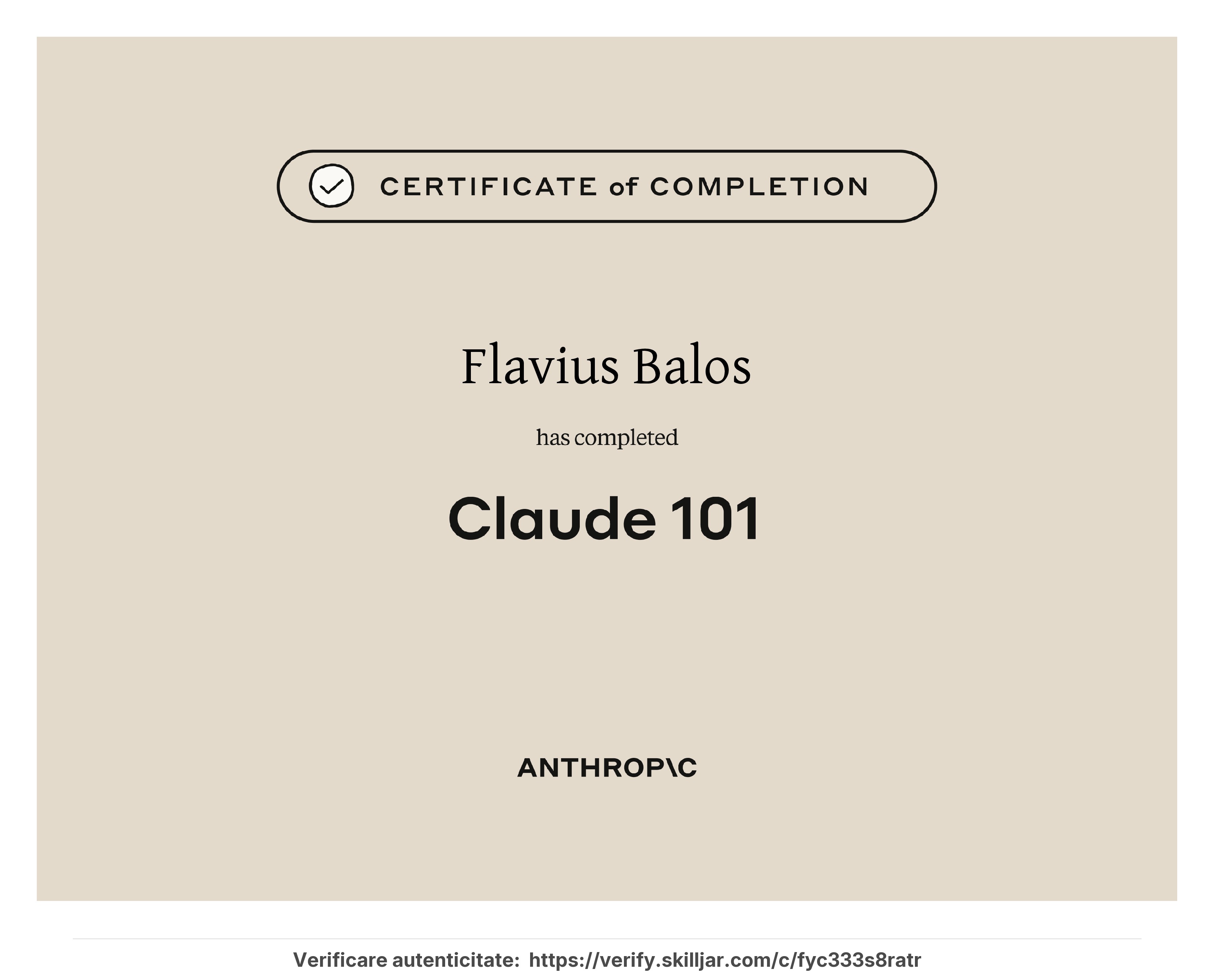Certificat Claude 101 emis de Anthropic - Flavius Balos, NextBuilders AI