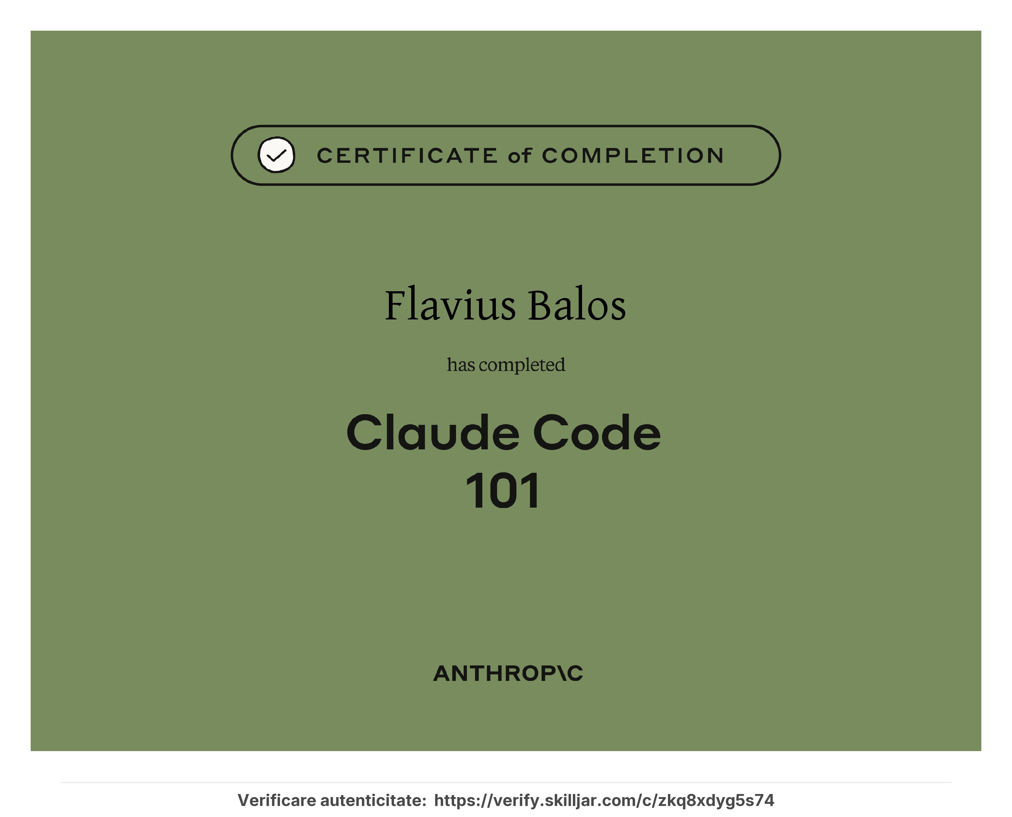 Certificat Claude Code 101 emis de Anthropic - Flavius Balos, NextBuilders AI