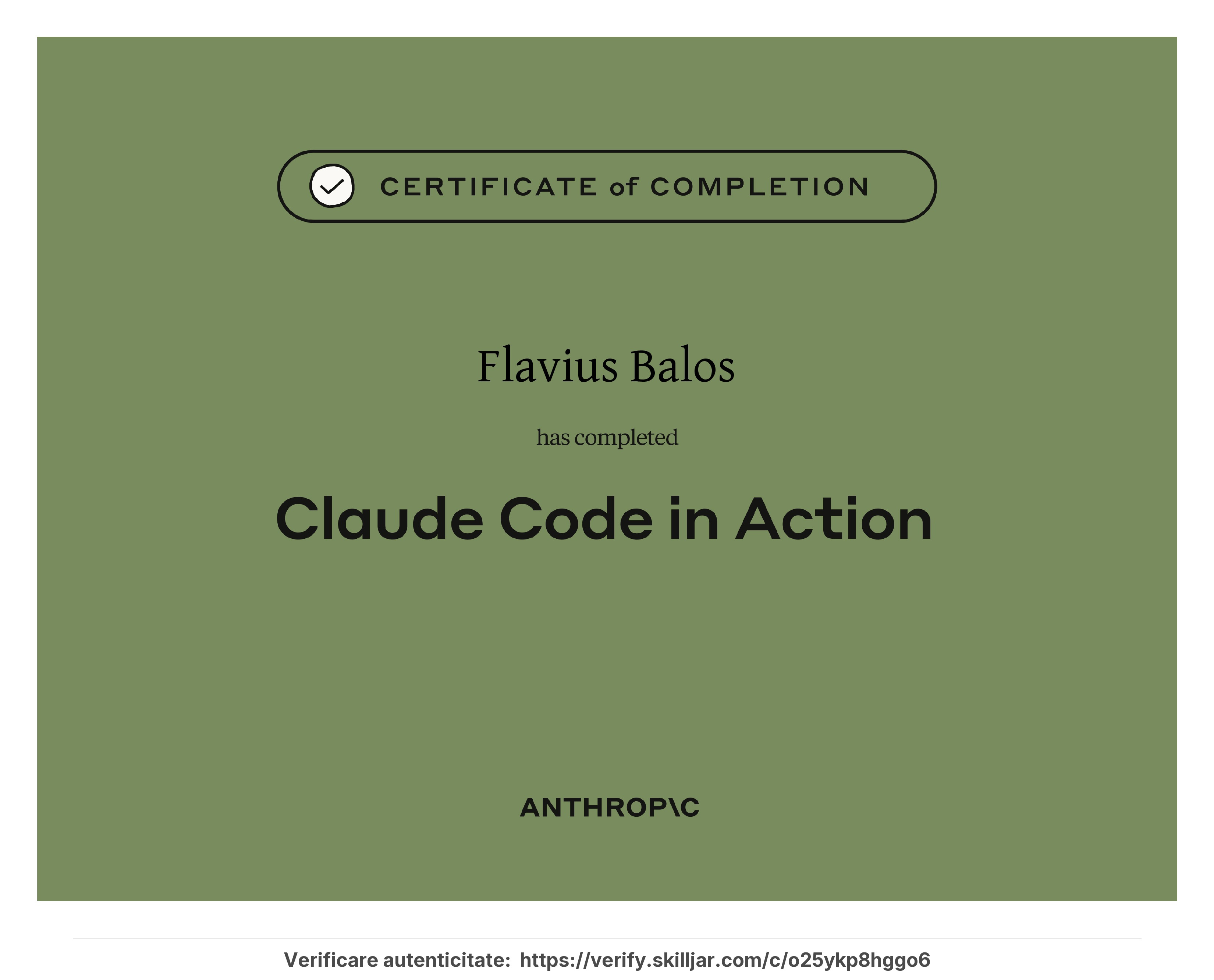 Certificat Claude Code in Action emis de Anthropic - Flavius Balos, NextBuilders AI