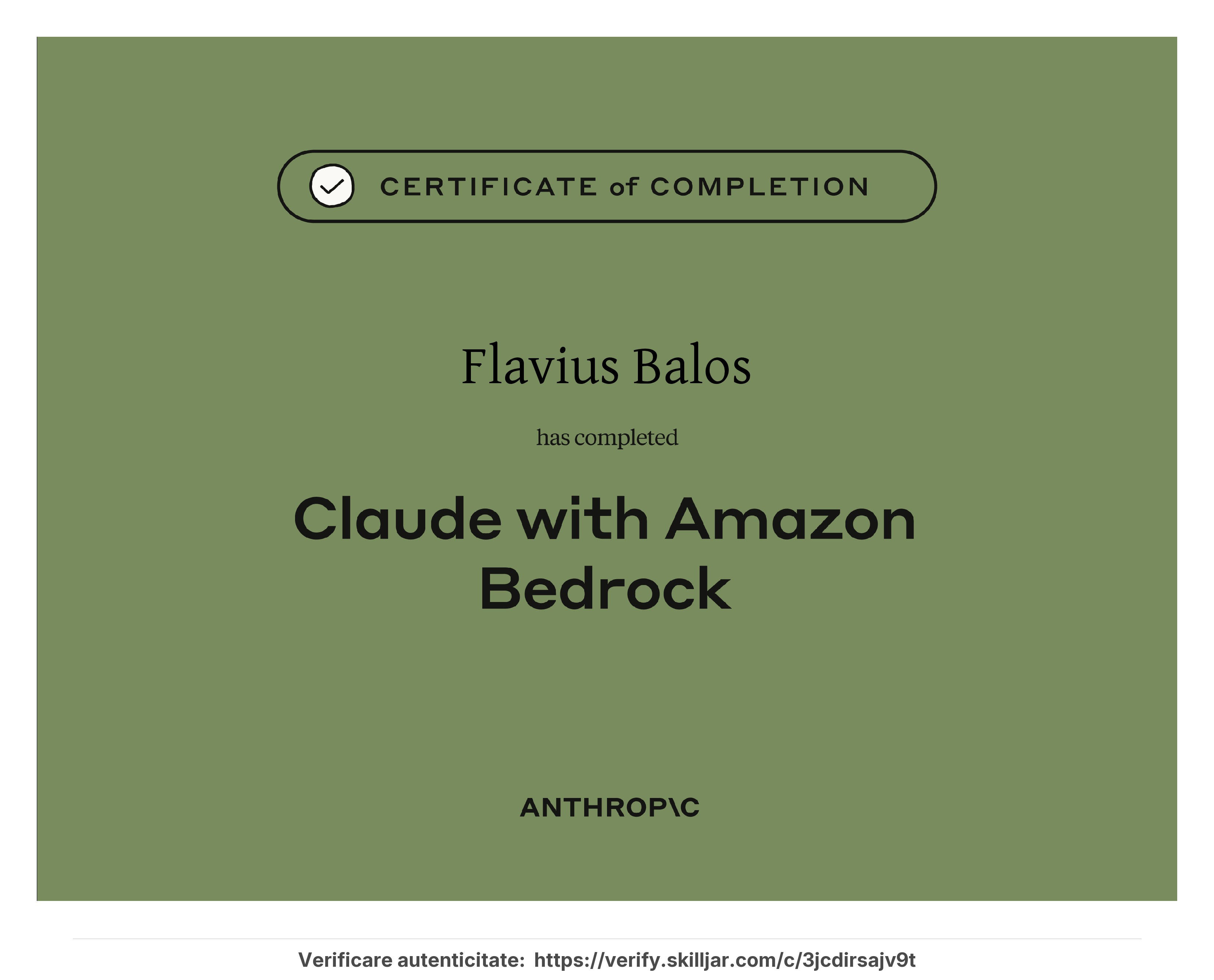 Certificat Claude with Amazon Bedrock emis de Anthropic - Flavius Balos, NextBuilders AI