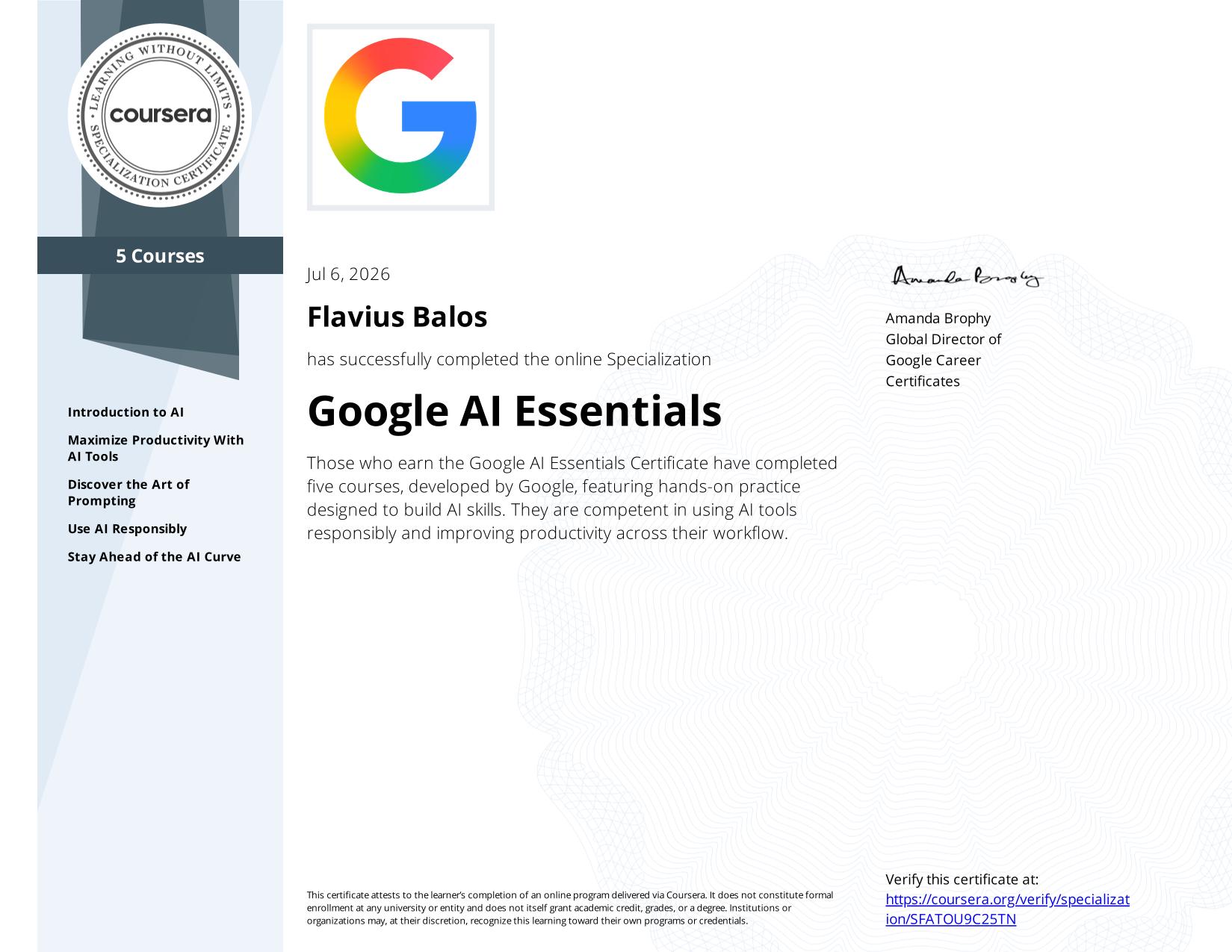 Certificat Google AI Essentials Specialization emis de Google - Flavius Balos, NextBuilders AI