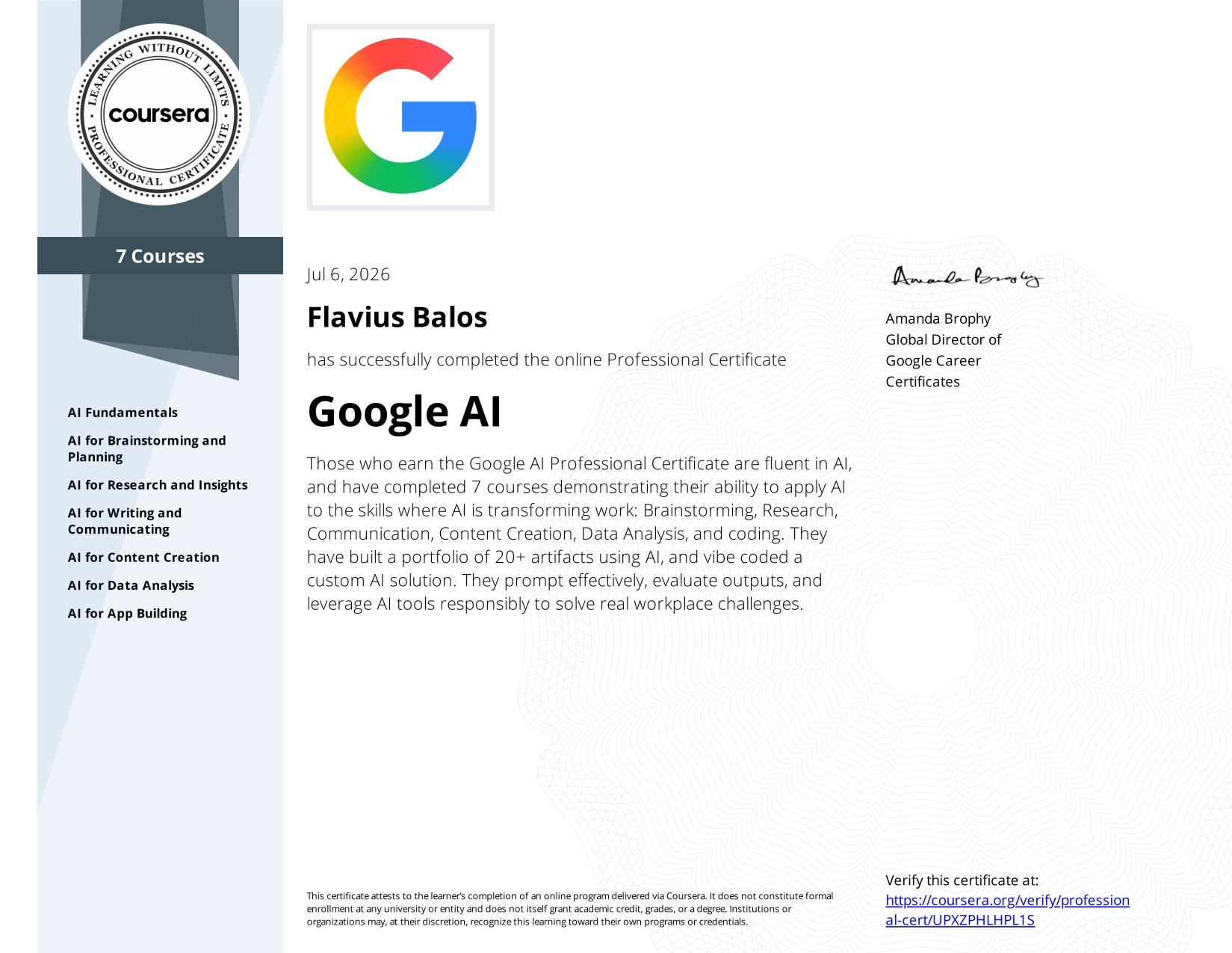 Certificat Google AI Professional Certificate emis de Google - Flavius Balos, NextBuilders AI