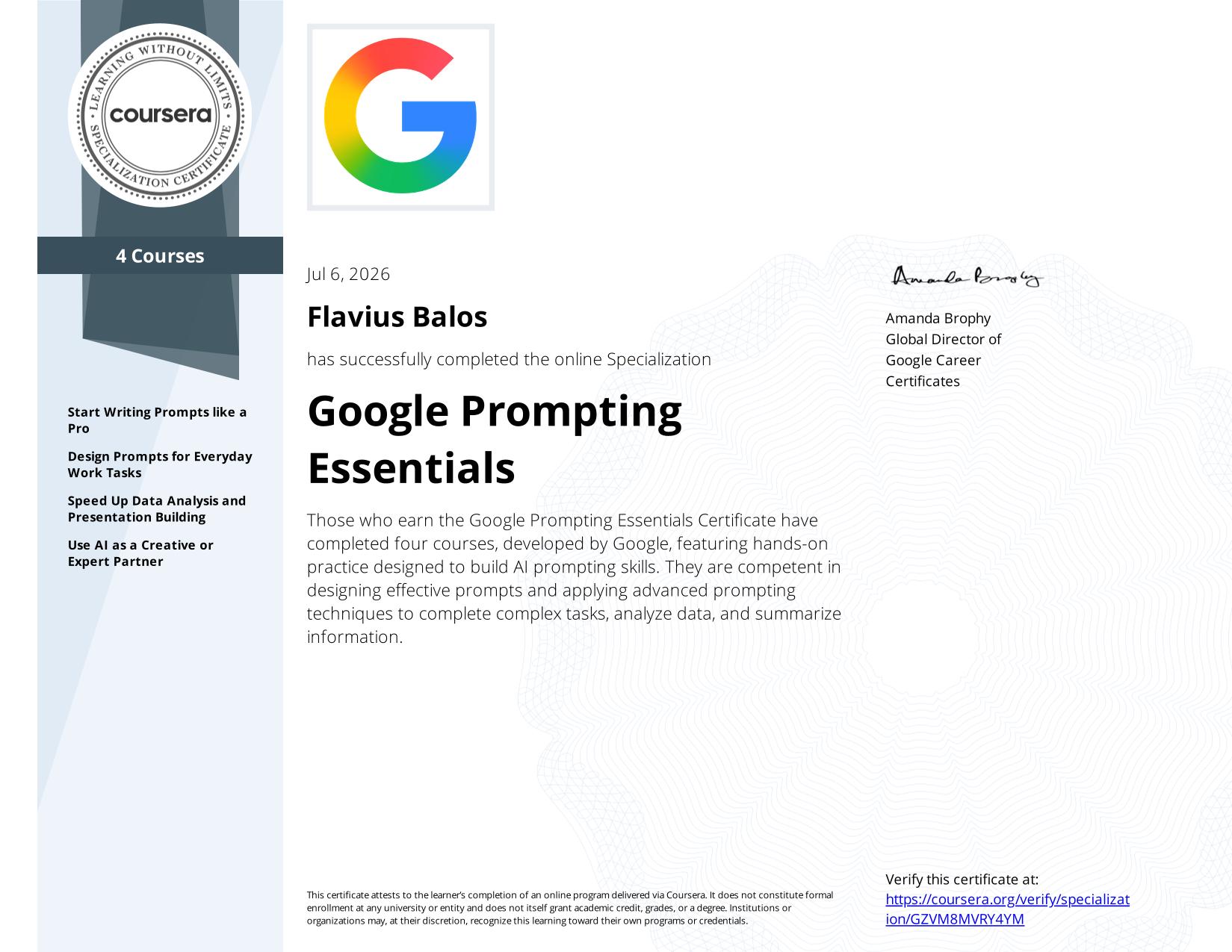 Certificat Google Prompting Essentials Specialization emis de Google - Flavius Balos, NextBuilders AI
