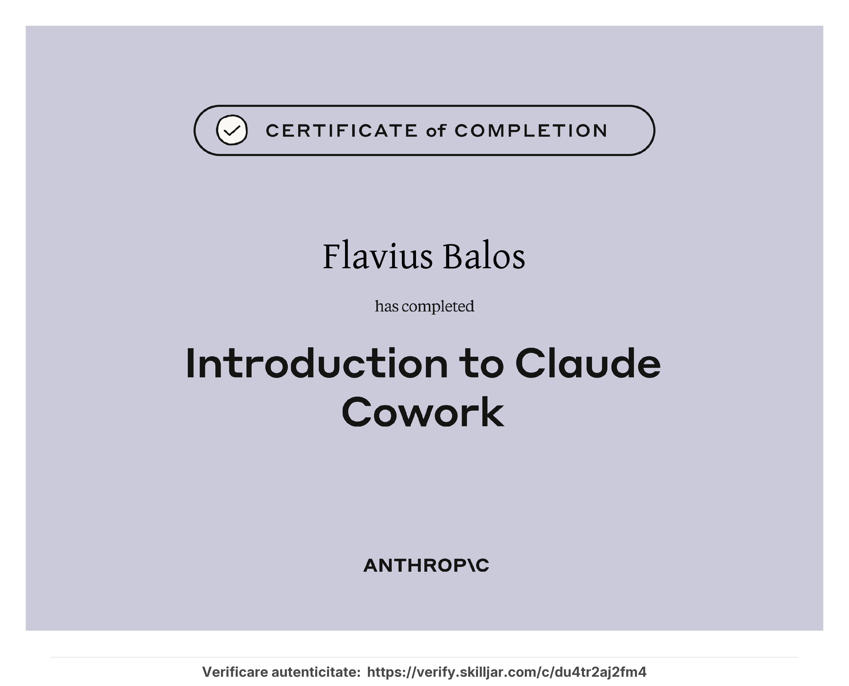 Certificat Introduction to Claude Cowork emis de Anthropic - Flavius Balos, NextBuilders AI