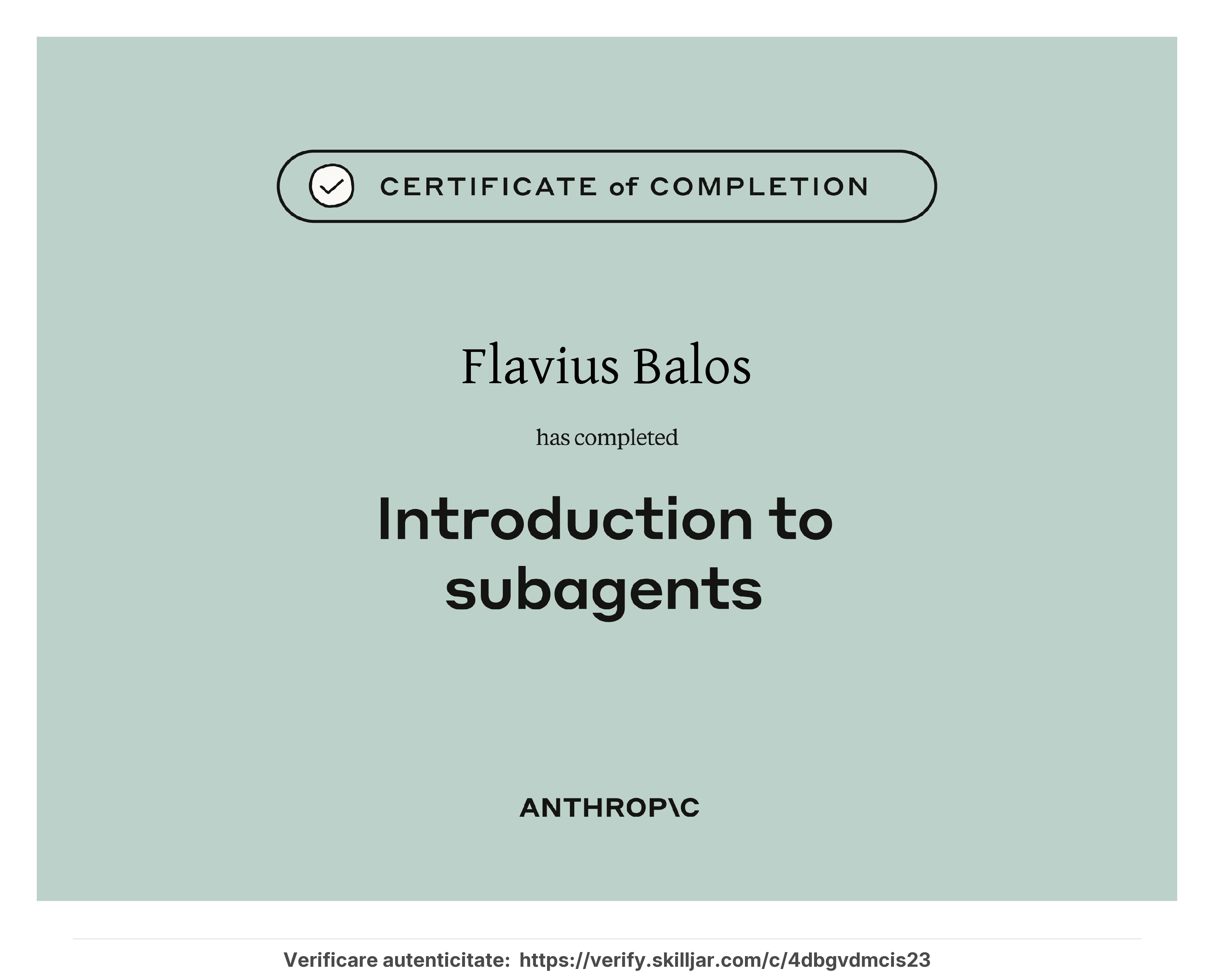 Certificat Introduction to Subagents emis de Anthropic - Flavius Balos, NextBuilders AI
