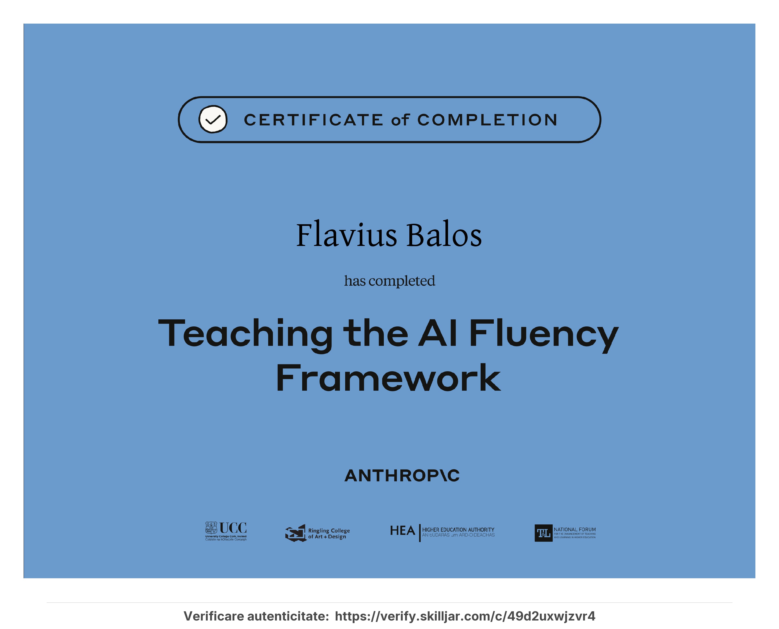 Certificat Teaching AI Fluency emis de Anthropic - Flavius Balos, NextBuilders AI