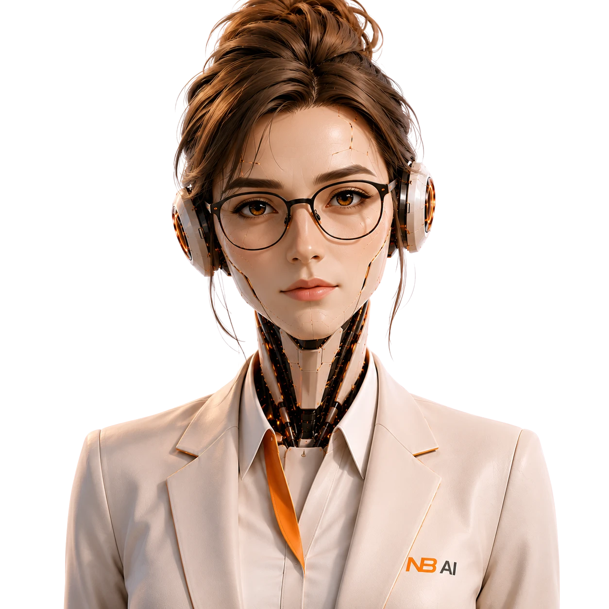 Sofia, agentul de development Next Builders AI - robot humanoid feminin cu ochelari si blazer logo NB AI
