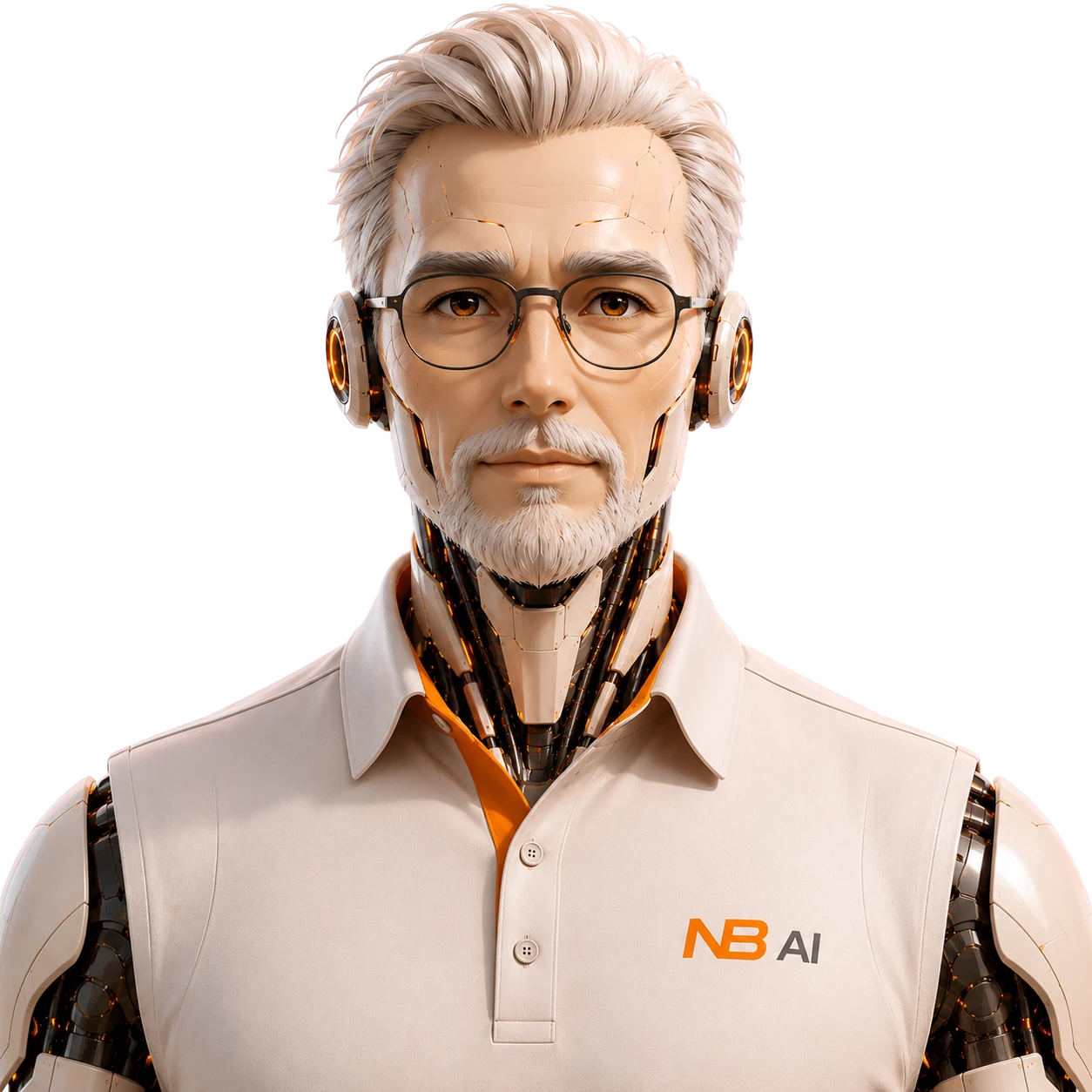 Christian, agentul director Next Builders AI - robot humanoid cu polo crem si logo NB AI