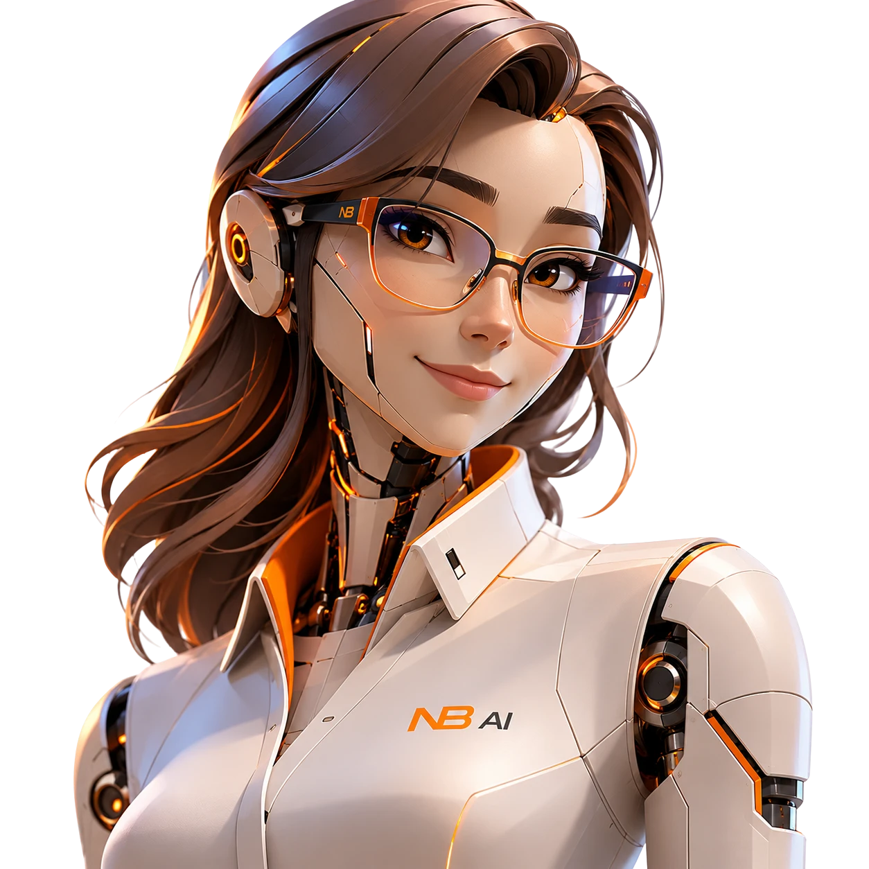 Maria, agentul de marketing si vanzari Next Builders AI - robot humanoid feminin cu ochelari si camasa logo NB AI